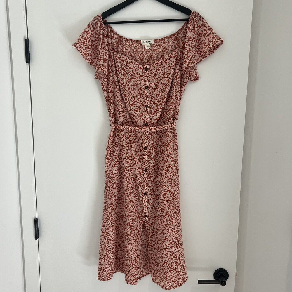Monteau Floral Midi Dress Orange Belt Medium Casual Off Shoulder wedding guest